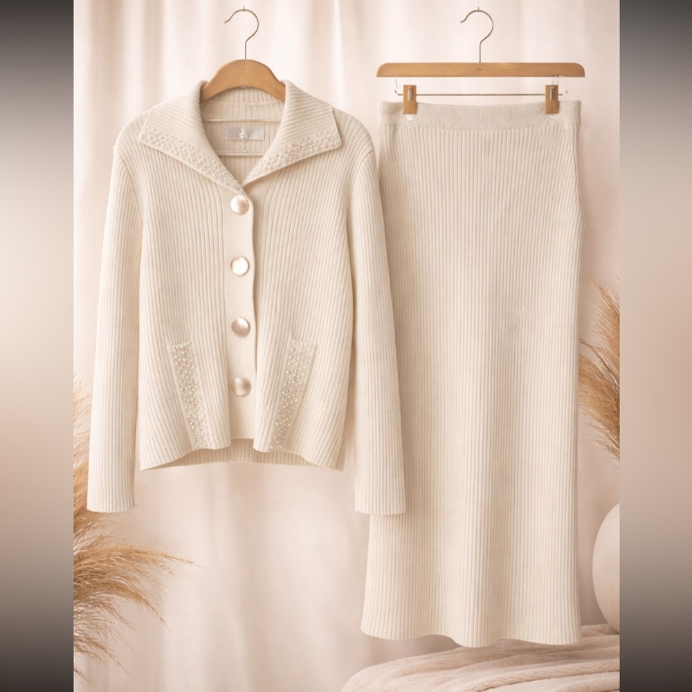Elegant Cream Ribbed Maxi Skirt & Sweater Top— Women’s Stretch Knit Size M